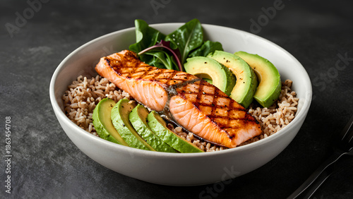 A healthy bowl featuring grilled salmon, avocado slices, greens, and brown rice, showcasing a vibrant and nutritious meal.