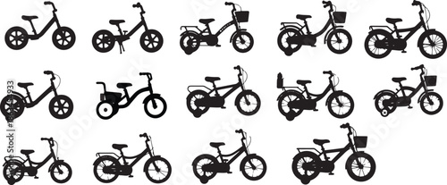 Collection of children's bicycle and tricycle silhouettes isolated
