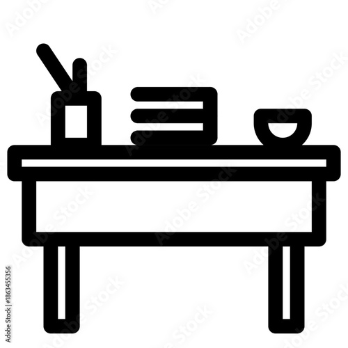 A simple table holds a mortar, plates, and a bowl in a minimalist setting