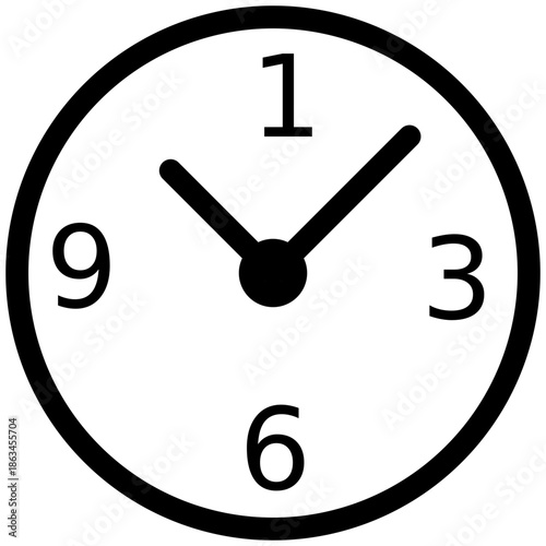 A simple black and white clock face displaying quarter to three with clear numbers and hands