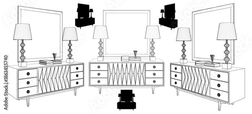 Commode Locker Vector. An Illustration Set Of a Commode Picture Dresser Locker Table Lamp Book Isolated On A White Background.