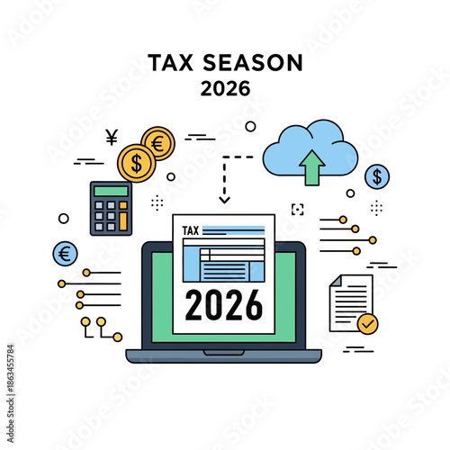 Tax Season 2026 Concept: Online Tax Filing, Digital Finance, Accounting, Calculator, Cloud Upload