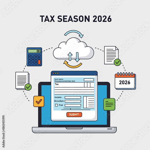 Online Tax Filing 2026: Laptop, Calculator, Cloud, Calendar, Documents