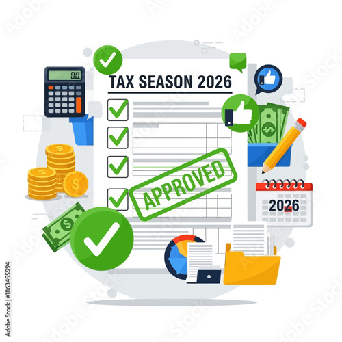 Tax Season 2026 Approved Checklist, Calculator, Money, Calendar and Approved Stamp