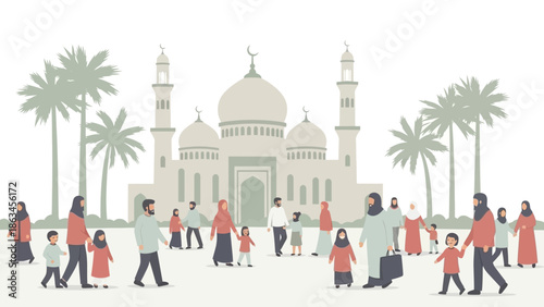 Muslim People Greeting Each Other on Eid in Front of Mosque Flat Illustration