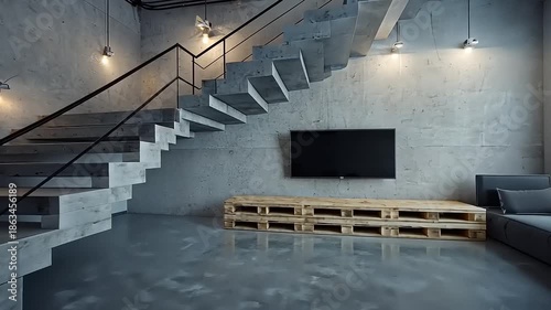 Modern living room interior design with concrete walls and staircase in a loft apartment