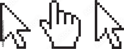 A set of pixelated computer mouse cursors on a white background