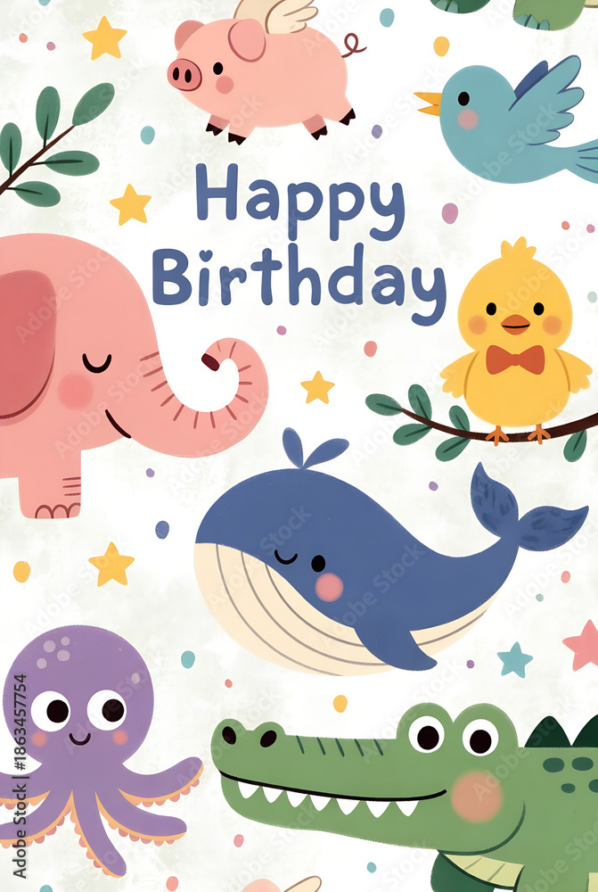 Fototapeta premium Happy Birthday Fun With Cute Animals: Pig, Bird, Whale, Duck And Friends Card Illustration Colorful birthday card illustration featuring cute animals like pig, bird, whale, duck, octopus and crocodi