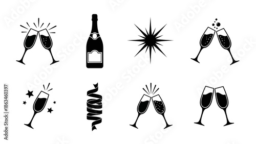 Celebration Toast with Champagne Glasses and Bottle Vector Icons in Festive Graphic Design