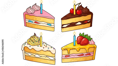 Assorted Birthday Cake Slices with Candles, Colorful Dessert Illustration, Festive Celebration, Top View, Graphic Design