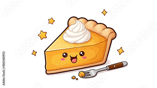 Cute Slice of Pumpkin Pie with Whipped Cream and Fork Illustration, Isolated White Background, Fun Food Graphic
