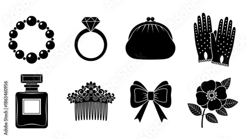 Fashion Accessories Collection with Jewelry, Gloves, Perfume, and Hair Decor Illustration on White Background