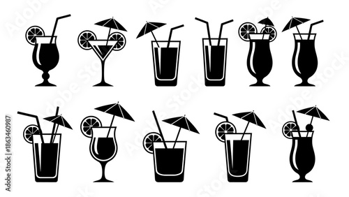 Set of Illustrated Cocktail Glasses with Straws and Umbrellas in Black and White Vector Design