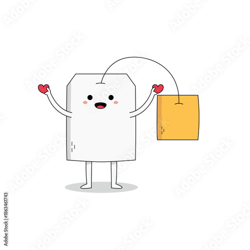 Cute tea bag cartoon character spreading love doodle