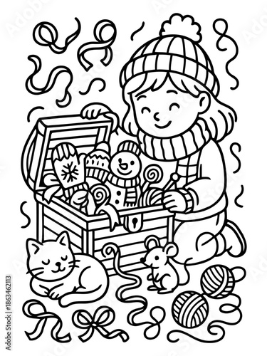 Cozy Winter Crafts: A young artisan, wrapped in winter warmth, crafts amongst festive trinkets and toys, her world filled with creative charm.