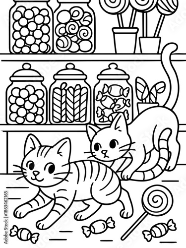 Candy Cats: A delightful illustration showcases two curious cats amid a sugary sweet candy store, complete with a delightful array of treats and sweets. 