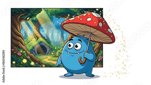 A cute blue monster holding a red mushroom umbrella in front of a magical forest scene with glowing lights and a path.