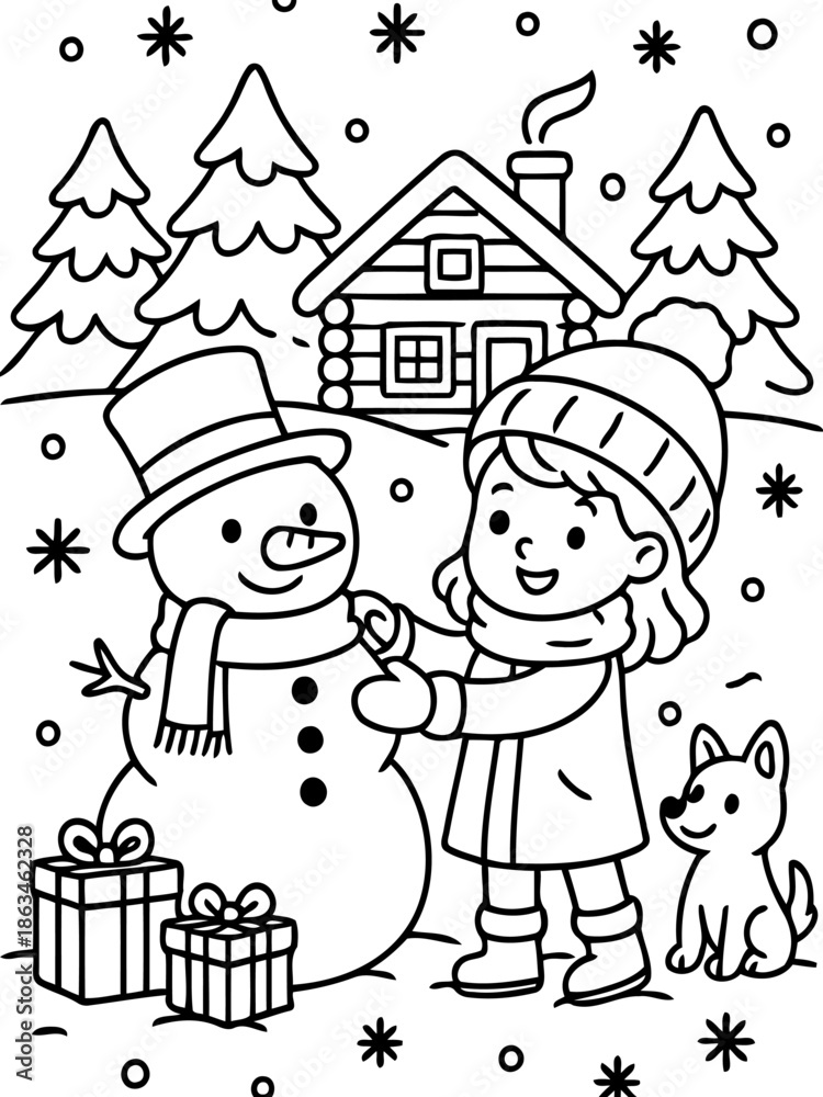 Fototapeta premium Winter's Embrace: A child lovingly interacts with a snowman against the backdrop of a snow-covered scene, embodying the spirit of winter and the joy of simple pleasures.