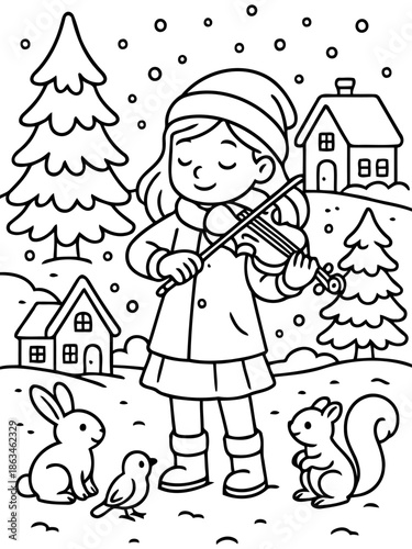 Winter Melody: A young girl, immersed in a winter wonderland, serenades with her violin as gentle snowflakes dance around her. A cheerful little scene where winter animals gather to enjoy music