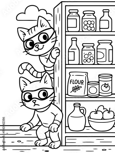 Cats' Culinary Caper: Two mischievous feline figures in disguise plot a daring raid on a pantry, revealing their playful nature and anticipation for a culinary adventure. 