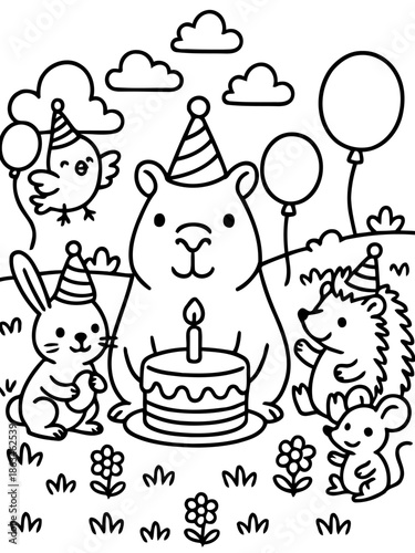 Birthday Celebration Illustration: A whimsical illustration depicts a joyous birthday scene with a cute guinea pig, accompanied by a festive group of friends, celebrating around a cake