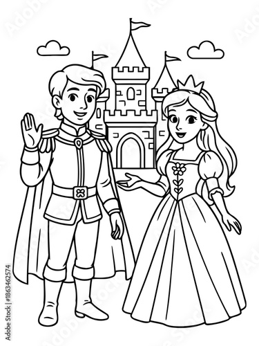 Royal Welcoming: A Prince and Princess standing by a majestic castle, sharing a welcoming moment in a classic fairytale setting. Capturing the essence of royalty and enchantment.