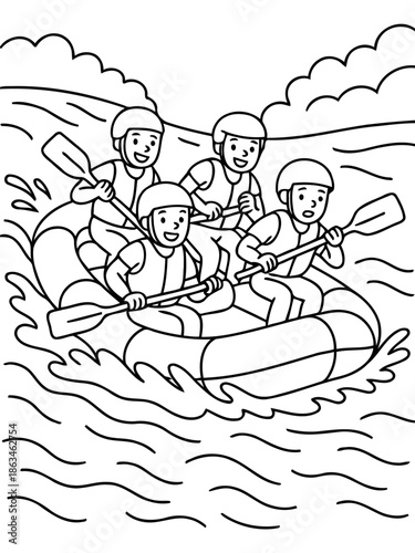 Rafting Adventure: a group of adventurers navigating a turbulent river. Capturing the dynamic action of water and the spirit of outdoor recreation.
