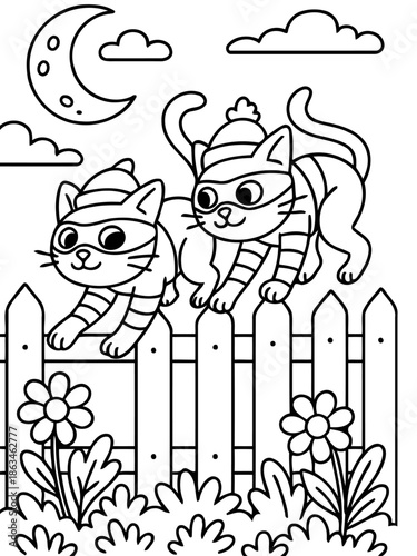 Two Cat Burglar on Fence: Two cartoon cats with bandit masks, poised and sneaking atop a wooden fence under a night sky with clouds, exuding a sense of mischief and playful stealth. 