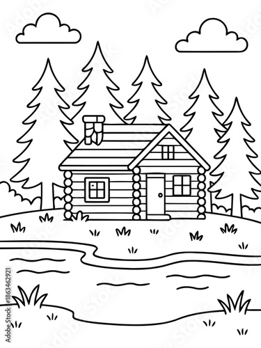 Cozy Cabin in Nature: A charming cabin nestles peacefully amidst a serene landscape of tall evergreen trees, inviting clouds and a calm body of water, offering a tranquil escape.