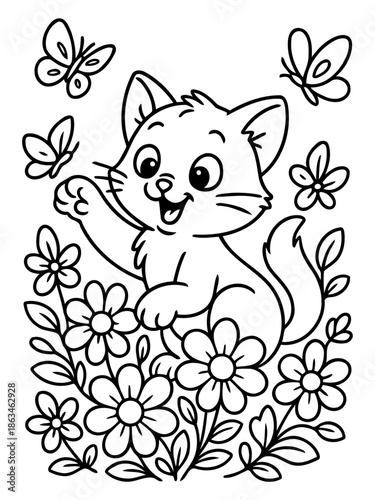 Playful Kitten in Garden: A cheerful kitten plays joyfully amidst a blossoming garden, surrounded by fluttering butterflies and blooming flowers.