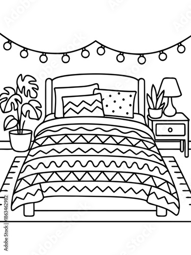 Cozy Bedroom Interior: An inviting illustration of a bedroom scene, featuring a detailed bed with patterned textiles, surrounded by decorative elements like plants, a bedside table, and string lights.