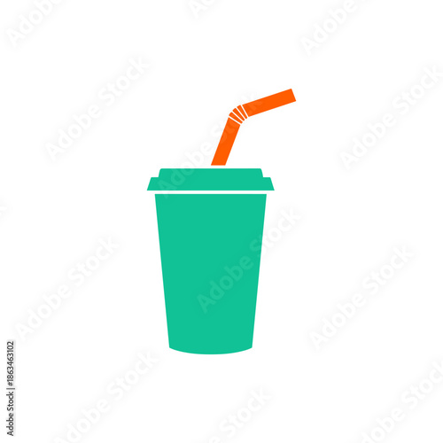 Stylized graphic illustration of a refreshing cold beverage in a teal disposable cup with an orange bent straw, ideal for convenient on-the-go hydration