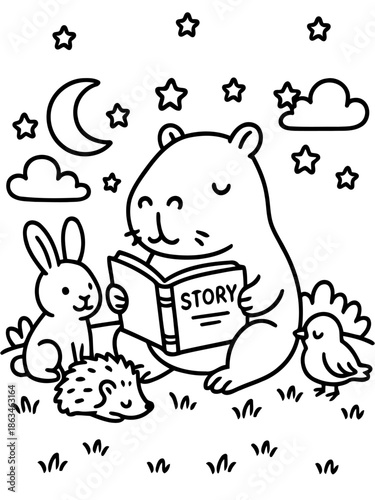 Serene Storytime Under the Stars: An enchanting illustrated scene depicts a friendly capybara sharing a captivating story with a group of adorable animal friends under a starlit sky.