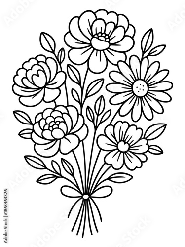 Floral Bouquet Line Art: An elegant bouquet of various flowers is carefully depicted with graceful lines. Embodying simplicity and beauty