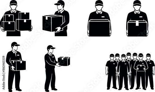 Delivery workers carrying packages and group of delivery men vector illustration 
