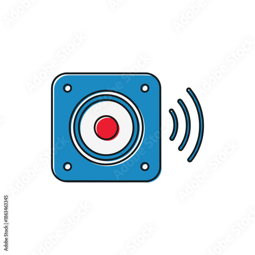 Minimalist vector graphic depicting a modern blue audio speaker symbol, radiating dynamic sound waves to signify broadcast media, digital communication, and immersive music experiences