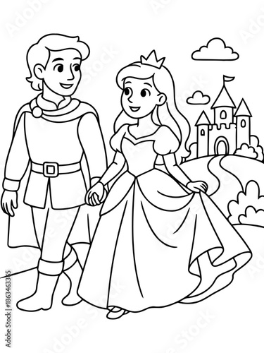 Royal Couple's Journey: A prince and princess, hand in hand, set out on a magical adventure towards their castle home, filled with dreams of a bright future.
