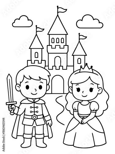 Royal Duo: A prince with a sword and a princess with a crown stand before a majestic castle, clouds float above, heralding an enchanting scene.