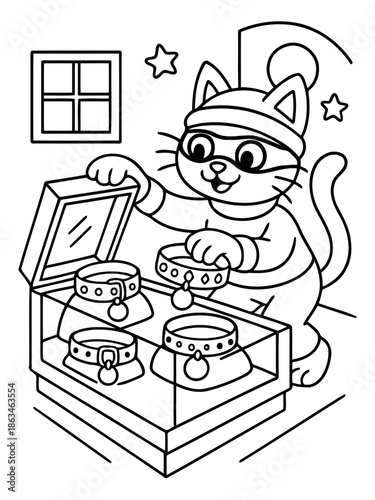 Whimsical Heist: A clever cat, masked and gloved, is caught in the act of pilfering jewels, with a playful charm.