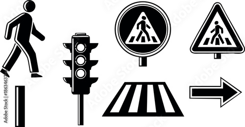Pedestrian Crossing Traffic Signs and Signals Vector Illustration in Black and White 