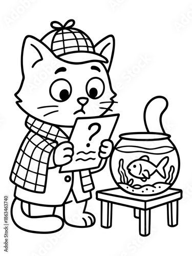 Detective Cat's Investigation: A curious cartoon cat, dressed as a detective, intently examines a mysterious note while observing a goldfish in a bowl, set against a clean, uncluttered backdrop.