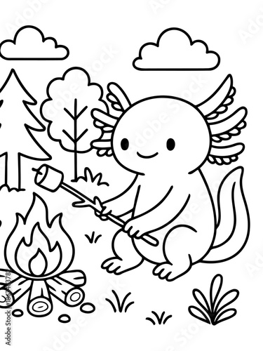 Marshmallow Adventure with Axolotl: An adorable axolotl is depicted enjoying a marshmallow roast over a campfire in a serene outdoor scene, showcasing a blend of wilderness and childlike wonder.