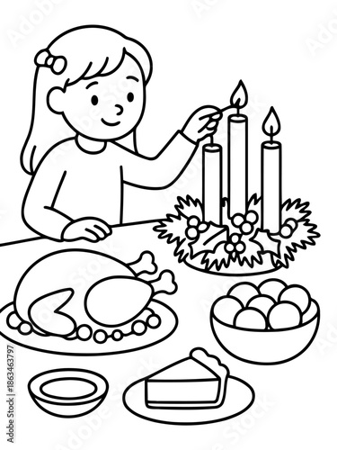 Festive Illumination: A cheerful girl kindles the candles of celebration on the table, surrounded by a delightful Christmas dinner, capturing the warmth and joy of togetherness.