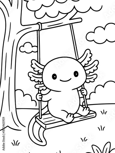 Whimsical Axolotl on a Swing: An adorable axolotl enjoys a playful moment, swinging joyfully from a rope swing tied to a sturdy tree branch in a delightful outdoor setting.