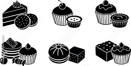 Assorted dessert sweets cupcakes cakes pie cookies vector illustration in black silhouette style 