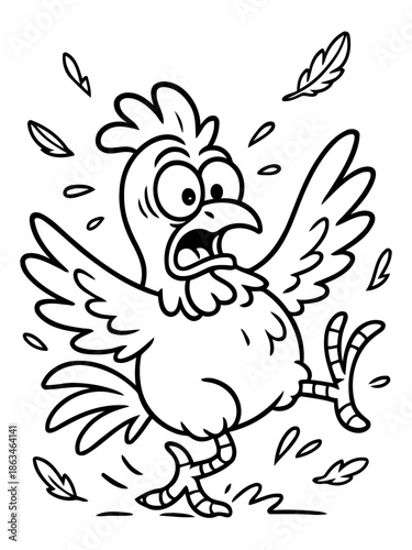 Comical Chicken's Confusion: A humorous cartoon chicken, with wide eyes and a look of utter bewilderment, flaps its wings in a frenzy, feathers and droplets scattered around.
