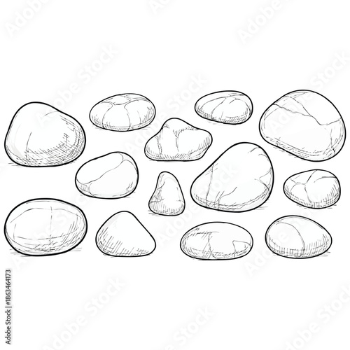 A simple line drawing of various smooth natural stones and pebbles