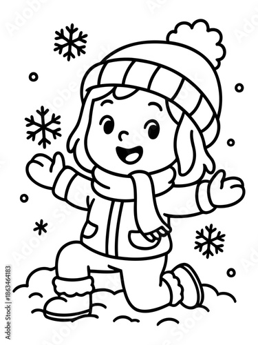 Winter Wonderland: A cheerful child, bundled up in warm winter gear, joyfully plays amidst swirling snowflakes, embodying the pure, innocent delight of winter.