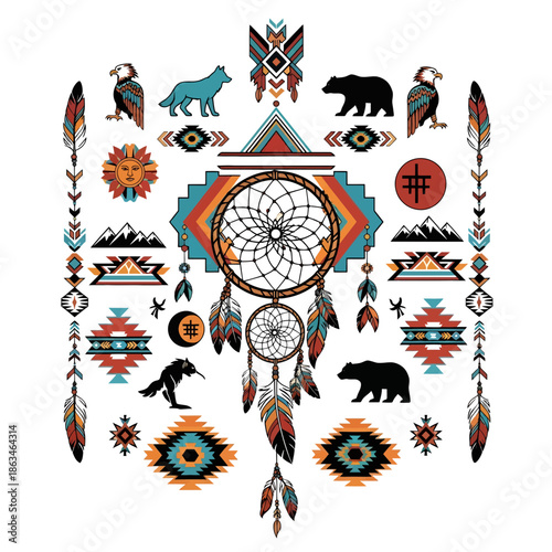Vibrant Native American inspired dreamcatcher with feathers and tribal symbols
