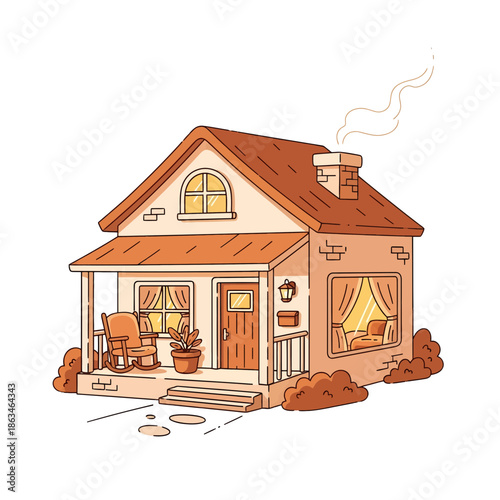 A quaint and cozy two-story cartoon house with a welcoming front porch, a warm rocking chair, potted plants, and smoke gently curling from its chimney, exuding a comforting and homely ambiance.